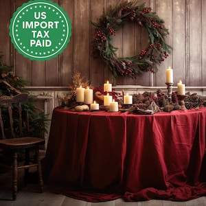 Mantel de lino redondo granate con temática navideña, rectangular y cuadrado, mantel de lino rústico rojo, lino lavado a la piedra, tamaños personalizados