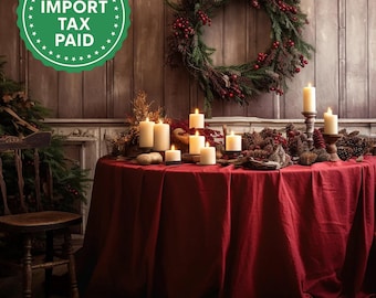 Maroon round linen tablecloth Christmas theme rectangle square tablecloth Red rustic linen table cloth Stonewashed linen Custom sizes