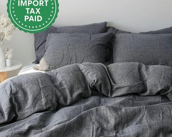 Dark gray melange linen duvet cover 1 duvet cover Softened linen Deep gray comforter cover Quilt cover Coconut buttons   Ribbon ties