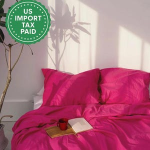 Fuchsia Leinen Bettwäsche Set 1 Bettbezug und 2 Kissenbezüge Erweichte Leinenbettwäsche Hellrosa Bettbezug Set Quilt Cover Set