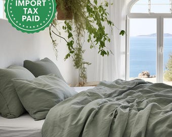 Juego de ropa de cama de lino gris salvia 1 funda nórdica y 2 fundas de almohada Juego de funda Comforte Juego de funda de edredón Lavado a la piedra