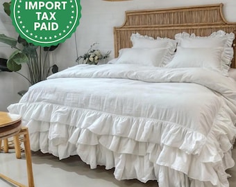 Vitt linnesängkläderset med trippelvolanger Påslakan och 2 örngott med tre volanger Täckeöverdrag i mjukt linne Påslakanset
