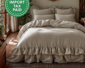 Undyed linen double ruffled bedding set Duvet cover and 2 pillowcases with ruffles Softened linen Comforter cover set Quilt cover set