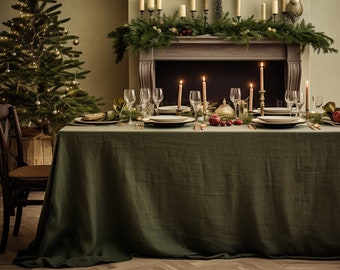 Dark olive rectangle linen tablecloth Christmas theme round square tablecloth Olive rustic linen table cloth Stonewashed linen Custom sizes