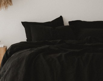 Black linen sheet set 1 flat sheet and 1 fitted sheet and 2 pillowcases Softened linen bedding Stonewashed Black bedding set