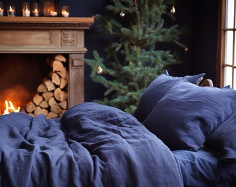 Christmas indigo linen bedding set 1 Duvet cover and 2 Pillowcases Deep blue softened linen bedding Comforter cover set Quilt cover set