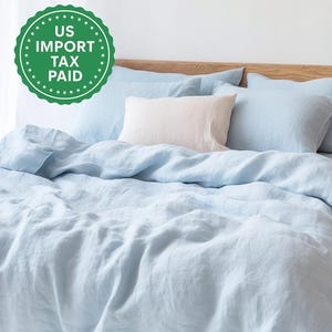 Sky blue Melange linen duvet cover 1 duvet cover Softened linen Light blue comforter cover Quilt cover Coconut buttons   Ribbon ties