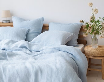 Sky blue linen duvet cover 1 duvet cover Softened linen Light blue comforter cover Quilt cover Coconut buttons   Ribbon ties