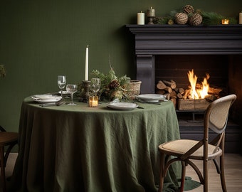 Dark olive round linen tablecloth Christmas theme rectangle square tablecloth Olive rustic linen table cloth Stonewashed linen Custom sizes