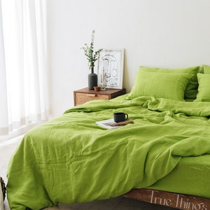 Chartreuse green linen duvet cover 1 duvet cover Softened linen Comforter cover Quilt cover Coconut buttons   Ribbon ties