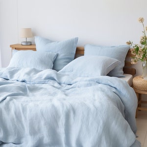 Sky blue linen bedding set 1 Duvet cover and 2 Pillowcases in light blue color Softened linen bedding Hidden buttons Coconut buttons