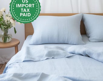 Juego de sábanas de lino Melange azul cielo 1 sábana encimera, 1 sábana bajera y 2 fundas de almohada Ropa de cama de lino suavizado Lavado a la piedra Juego de sábanas azul claro