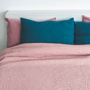 Rose pink waffle linen coverlet Softened linen Heavy weight Twin Full Double Queen King California King, Custom size bed cover