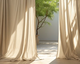 Beige regular and blackout linen curtains Custom curtains 2 panels Unlined Cotton Blackout lining Medium weight linen