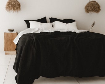 Black linen duvet cover 1 duvet cover Softened linen Black comforter cover Hidden closure Ribbon ties   Zipper