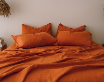 Burnt orange linen sheet set 1 flat sheet and 1 fitted sheet and 2 pillowcases Softened linen bedding Stonewashed Orange bedding set