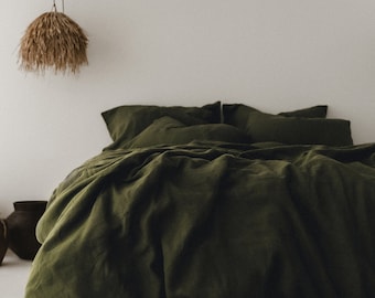 Dark olive linen bedding set 1 Duvet cover and 2 Pillowcases in dark olive color Stone washed linen bedding in army green Khaki