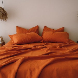 Burnt orange linen sheet set 1 flat sheet and 1 fitted sheet and 2 pillowcases Softened linen bedding Stonewashed Orange bedding set