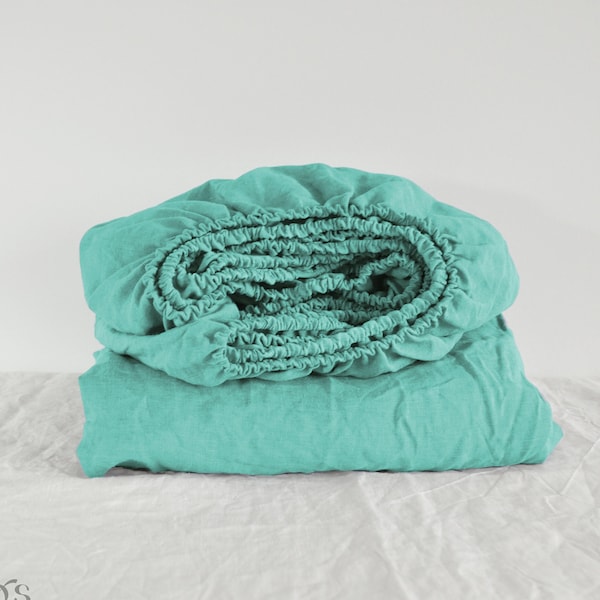 Cyan linen fitted sheet 1 Fitted sheet Softened linen sheet Stonewashed linen Linen bedsheet Turquoise fitted sheet