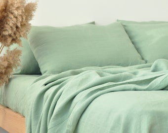 Organic Sage Green Softened Linen Sheet Set, Stonewashed 4 Piece Bedding, European Flax