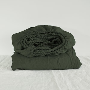 Charcoal green linen fitted sheet 1 Fitted sheet Softened linen sheet Stonewahed linen Linen bedsheet Farmhouse decor Dark green