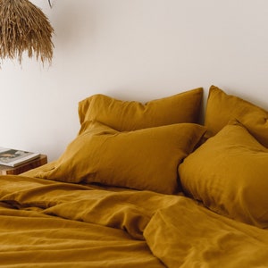 Ochre linen bedding set Duvet cover and Pillowcases in ochre color Softened linen bedding Comforter cover set Quilt cover set