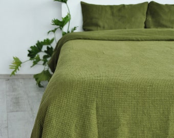 Olive waffle linen coverlet Heavy weight linen Waffle throw blanket Linen bed throw Twin Full Double Queen King