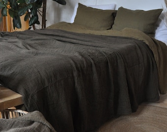 Brown waffle linen coverlet Heavy weight linen Waffle throw blanket Linen bed cover Twin Full Double Queen King