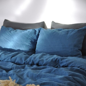 Ocean blue linen bedding set 1 Duvet cover and 2 Pillowcases Softened linen Comforter cover set Quilt cover set Hidden closure