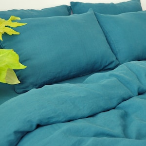 Teal linen duvet cover 1 duvet cover Softened linen Comforter cover Coconut buttons Ribbon ties   Hidden closure Stonewashed
