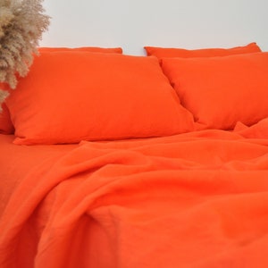 Bright orange linen sheet set 1 flat sheet and 1 fitted sheet and 2 pillowcases Softened linen bedding Stonewashed Orange bedding set