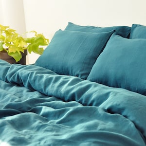 Teal linen bedding set 1 Duvet cover and 2 Pillowcases Softened linen bedding Comforter cover set Quilt cover set Hidden closure