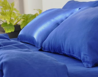 Eco royal blue linen pillowcase for comfortable sleeping, Deep blue cover set of 2, Housewarming linen decorative cushion cover