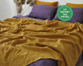Ochre Waffle Linen Coverlet Softened Linen Heavy Weight Twin Full