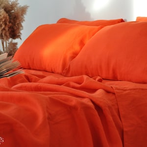 Bright orange linen flat sheet 1 Flat sheet Softened linen sheet Stonewashed linen Linen bedsheet