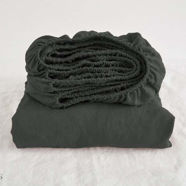 Charcoal linen fitted sheet 1 Fitted sheet Softened linen sheet Stonewashed linen Linen bedsheet Washed black sheet
