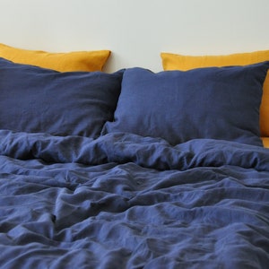 Indigo linen duvet cover 1 duvet cover Softened linen Dark Blue comforter cover Quilt cover Coconut buttons  Ribbon ties