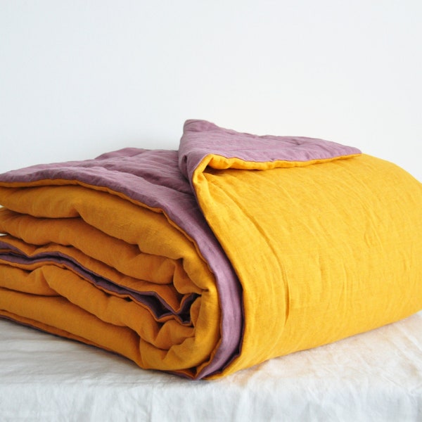 70 colors double sided linen comforter Softened medium weight linen Wool cotton sintepon linen insert duvet Yellow purple blanket