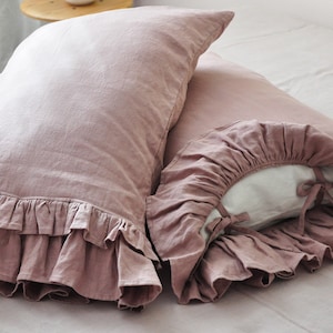 60 colors linen pillowcase with double ruffles on one side King Queen Standard Euro Australian Custom size Ribbon ties closure