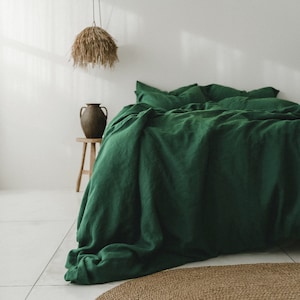 Forest green linen bedding set 1 Duvet cover and 2 Pillowcases in green color Emerald green softened duvet cover set Comforter cover set