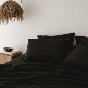Black linen pillowcase Black pillow cover King Queen Standard Euro Decorative Toddler, Body, Custom size Envelope closure