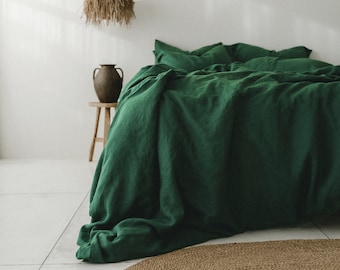 Forest green linen bedding set 1 Duvet cover and 2 Pillowcases in green color Emerald green softened duvet cover set Comforter cover set