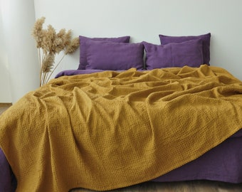 Ochre waffle linen coverlet Softened linen Heavy weight Twin Full Double Queen King California King, Custom size bed cover