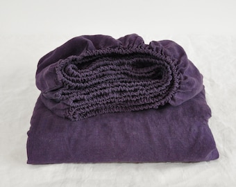 Deep purple linen fitted sheet 1 Fitted sheet Dark purple Softened linen sheet Stonewashed linen Linen bedsheet Farmhouse decor