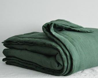 Pine green and other colors linen comforter Softened medium weight linen Wool cotton sintepon linen insert duvet Emerald green blanket