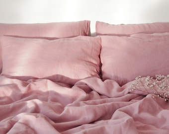 Duvet Cover and 2 Pillow Cases Linen Bedding Set Light Pink color US Queen + Standard Pillowcases