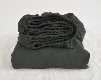 Charcoal linen fitted sheet 1 Fitted sheet Softened linen sheet Stonewashed linen Linen bedsheet Washed black sheet