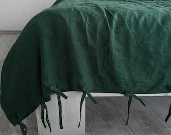 Forest green and other colors linen duvet cover with ribbon ties closure 1 duvet cover Softened linen Emerald green comforter cover
