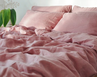 Rose pink linen duvet cover 1 duvet cover Softened linen Pink comforter cover Rose quilt cover Coconut buttons   Ribbon ties