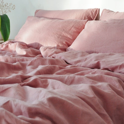 Rose Pink Linen Bedding Set / 1 Duvet 